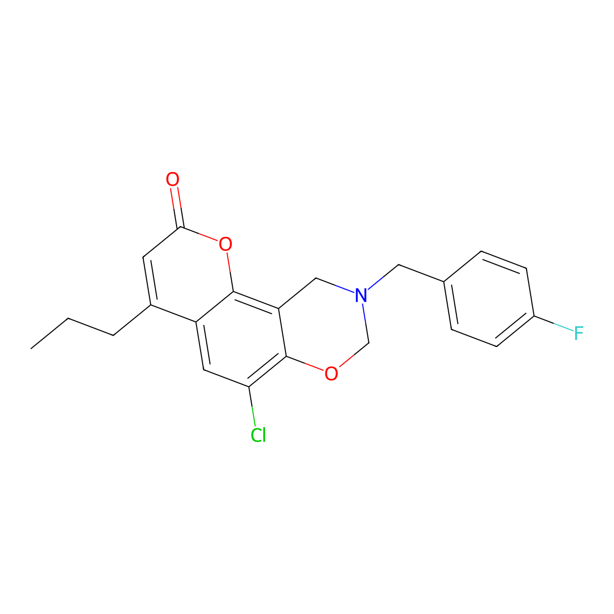 6-chloro-9-(4-fluorobenzyl)-4-propyl-9,10-dihydro-2H,8H-chromeno[8,7-e][1,3]oxazin-2-one molecular structure, CAS 845648-89-7