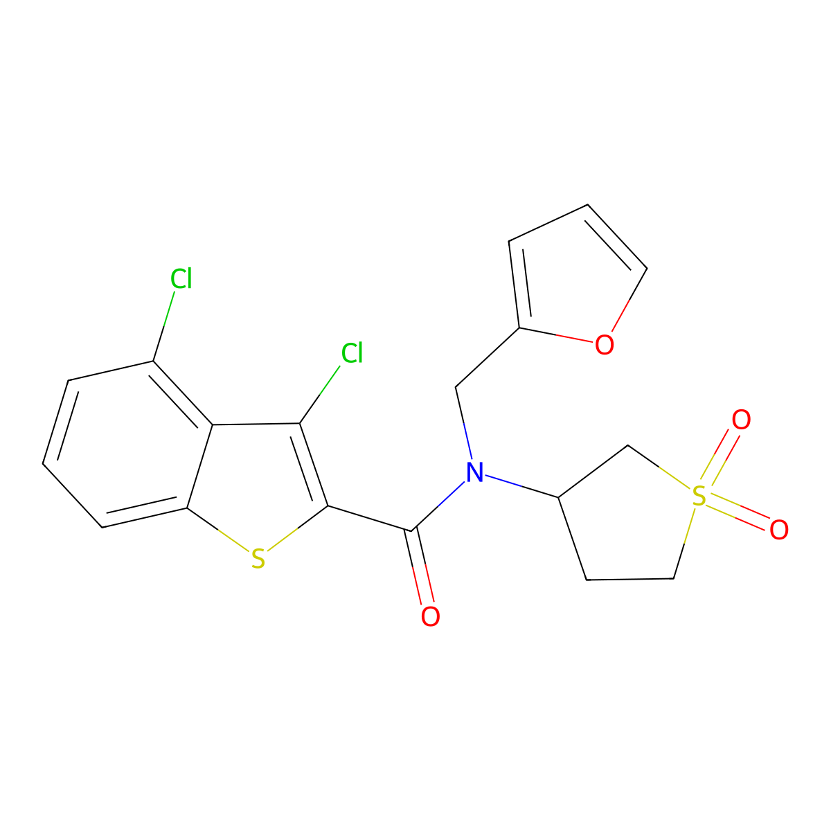 3,4-dichloro-N-(1,1-dioxidotetrahydrothiophen-3-yl)-N-(furan-2-ylmethyl)-1-benzothiophene-2-carboxamide molecular structure, CAS 845649-21-0