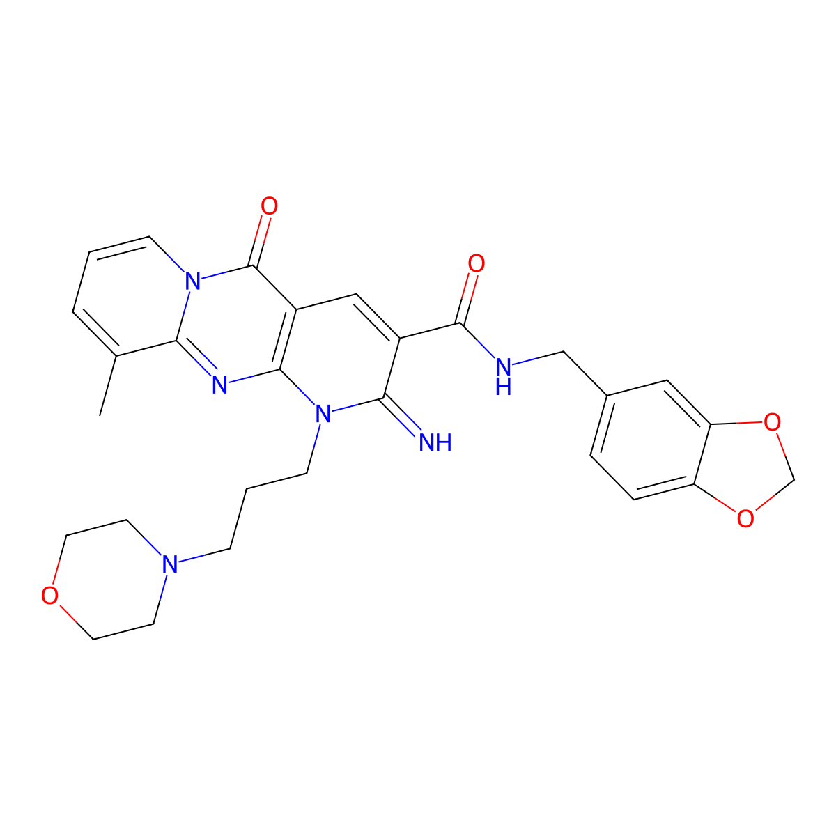 2-Imino-8-methyl-1-(3-morpholin-4-yl-propyl)-10-oxo-1,10-dihydro-2H-1,9,10a-triaza-anthracene-3-carb oxylic acid (benzo[1,3]dioxol-5-ylmethyl)-amide molecular structure, CAS 845649-89-0