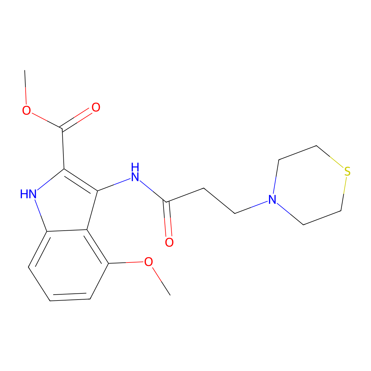 Methyl 4-methoxy-3-(3-thiomorpholin-4-ylpropanoylamino)-1H-indole-2-carboxylate molecular structure, CAS 845649-97-0
