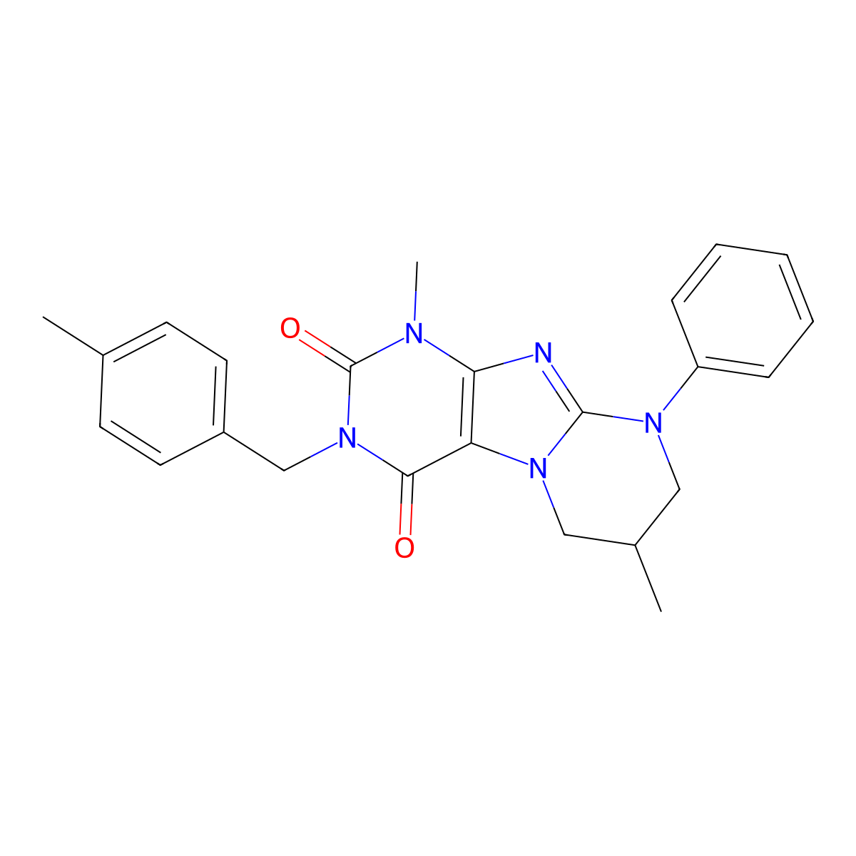 1,7-dimethyl-3-(4-methylbenzyl)-9-phenyl-6,7,8,9-tetrahydropyrimido[2,1-f]purine-2,4(1H,3H)-dione molecular structure, CAS 845650-00-2
