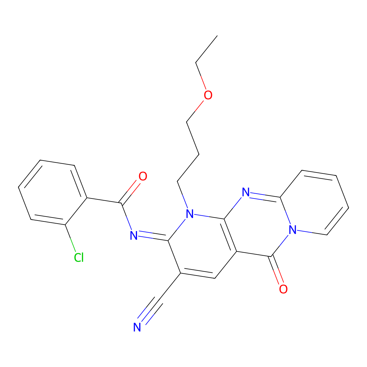 (E)-2-chloro-N-(3-cyano-1-(3-ethoxypropyl)-5-oxo-1H-dipyrido[1,2-a:2',3'-d]pyrimidin-2(5H)-ylidene)benzamide molecular structure, CAS 845650-26-2