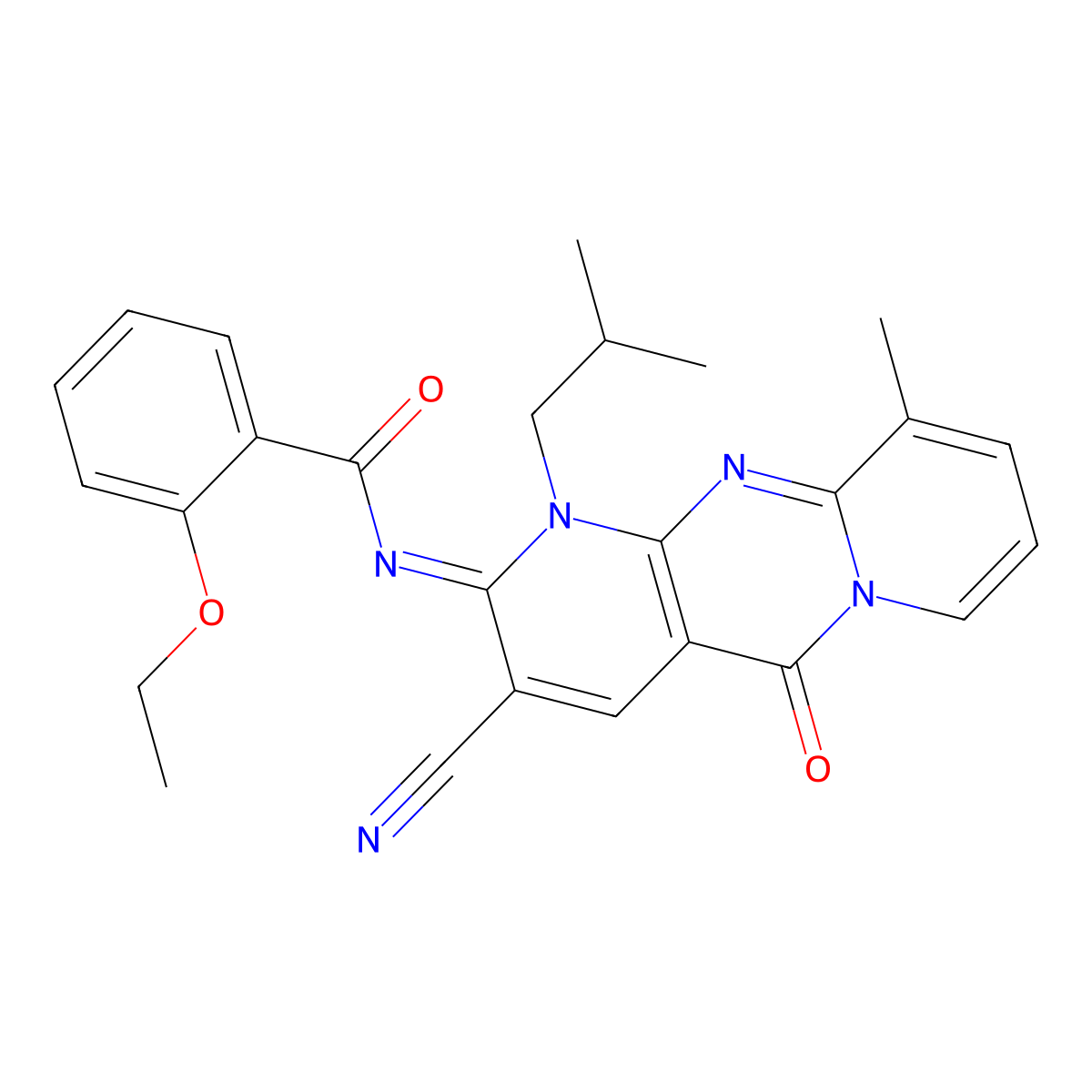 (E)-N-(3-cyano-1-isobutyl-10-methyl-5-oxo-1H-dipyrido[1,2-a:2',3'-d]pyrimidin-2(5H)-ylidene)-2-ethoxybenzamide molecular structure, CAS 845650-85-3