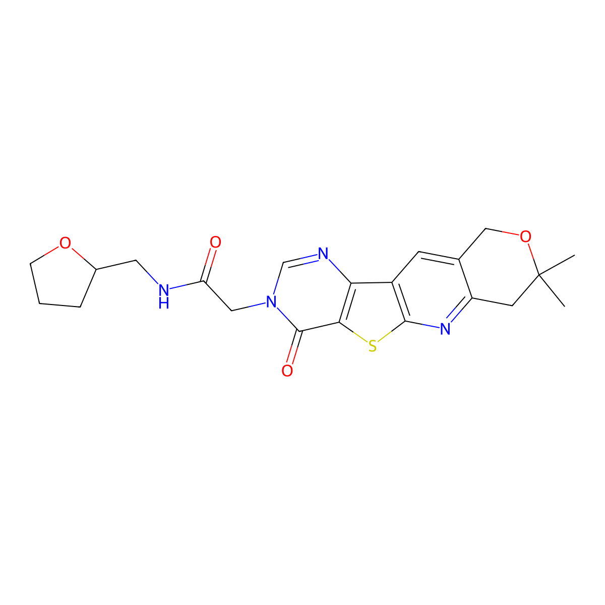 2-(8,8-dimethyl-4-oxo-4,7,8,10-tetrahydro-3H-pyrano[3'',4'':5',6']pyrido[3',2':4,5]thieno[3,2-d]pyrimidin-3-yl)-N-((tetrahydrofuran-2-yl)methyl)acetamide molecular structure, CAS 845652-02-0
