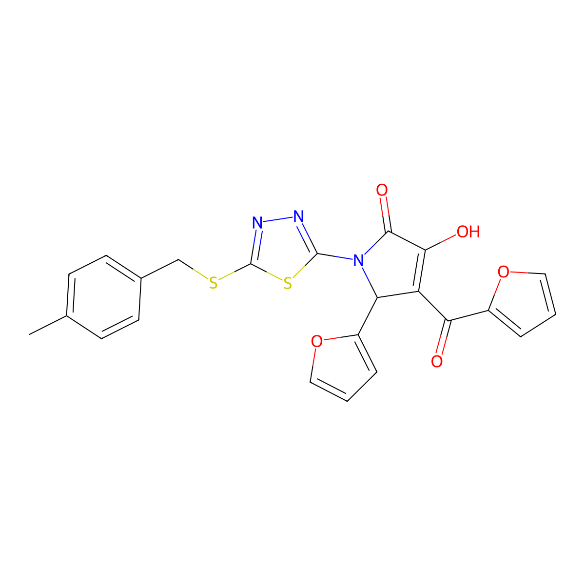 (4E)-5-(furan-2-yl)-4-[furan-2-yl(hydroxy)methylidene]-1-{5-[(4-methylbenzyl)sulfanyl]-1,3,4-thiadiazol-2-yl}pyrrolidine-2,3-dione molecular structure, CAS 845652-15-5