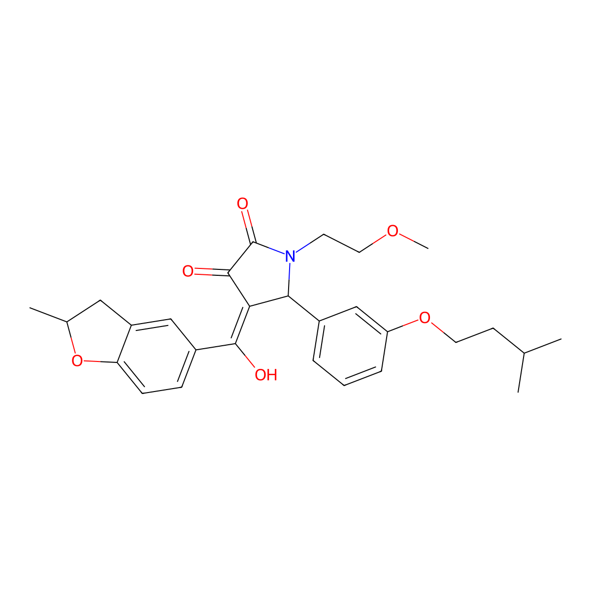 3-hydroxy-1-(2-methoxyethyl)-4-(2-methyl-2,3-dihydro-1-benzofuran-5-carbonyl)-5-[3-(3-methylbutoxy)phenyl]-2,5-dihydro-1H-pyrrol-2-one molecular structure, CAS 845652-71-3