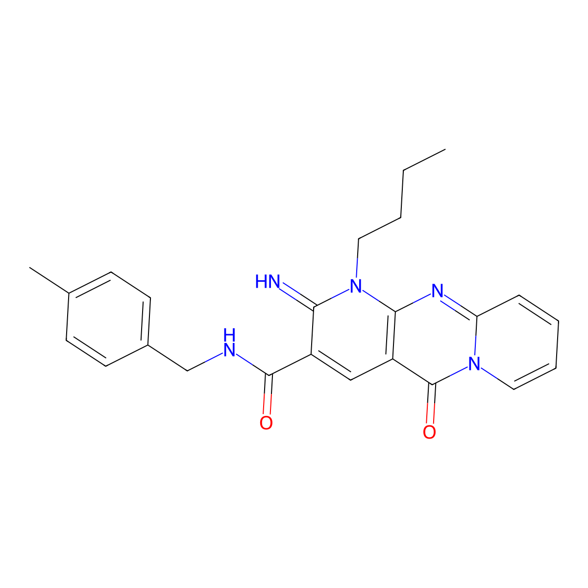 (1-butyl-2-imino-5-oxo(1,6-dihydropyridino[1,2-a]pyridino[2,3-d]pyrimidin-3-yl))-N-[(4-methylphenyl)methyl]carboxamide molecular structure, CAS 845653-23-8
