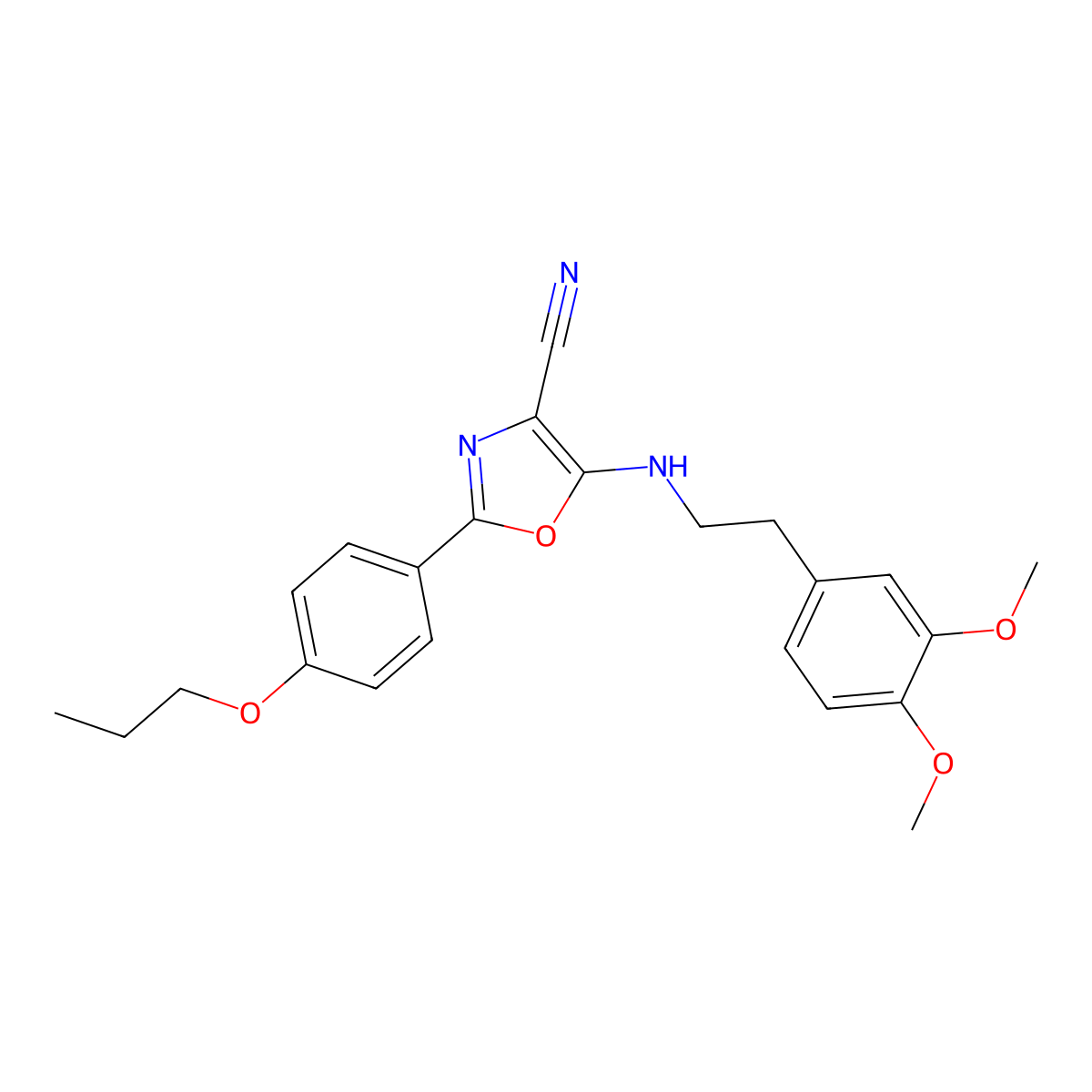 5-[2-(3,4-Dimethoxyphenyl)ethylamino]-2-(4-propoxyphenyl)-1,3-oxazole-4-carbonitrile molecular structure, CAS 845653-55-6
