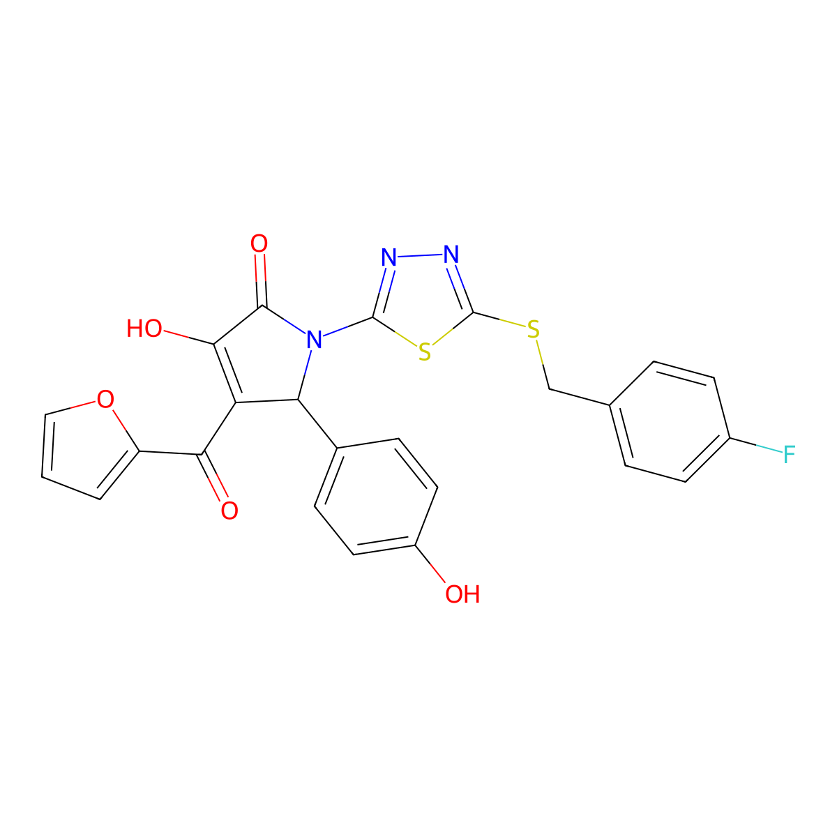 (4E)-1-{5-[(4-fluorobenzyl)sulfanyl]-1,3,4-thiadiazol-2-yl}-4-[furan-2-yl(hydroxy)methylidene]-5-(4-hydroxyphenyl)pyrrolidine-2,3-dione molecular structure, CAS 845653-70-5