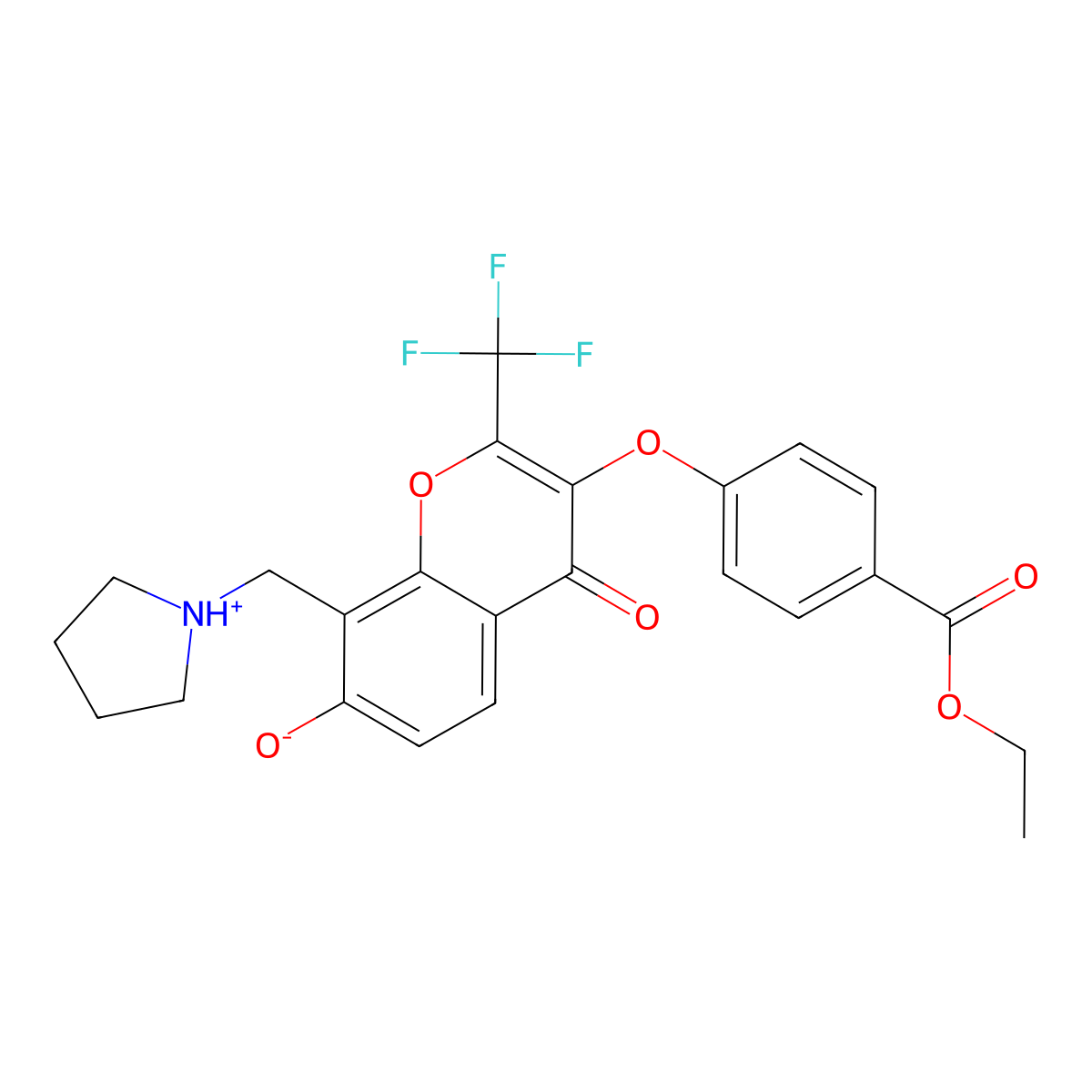 Ethyl 4-[7-hydroxy-4-oxo-8-(pyrrolidin-1-ylmethyl)-2-(trifluoromethyl)chromen-3-yl]oxybenzoate molecular structure, CAS 845660-71-1