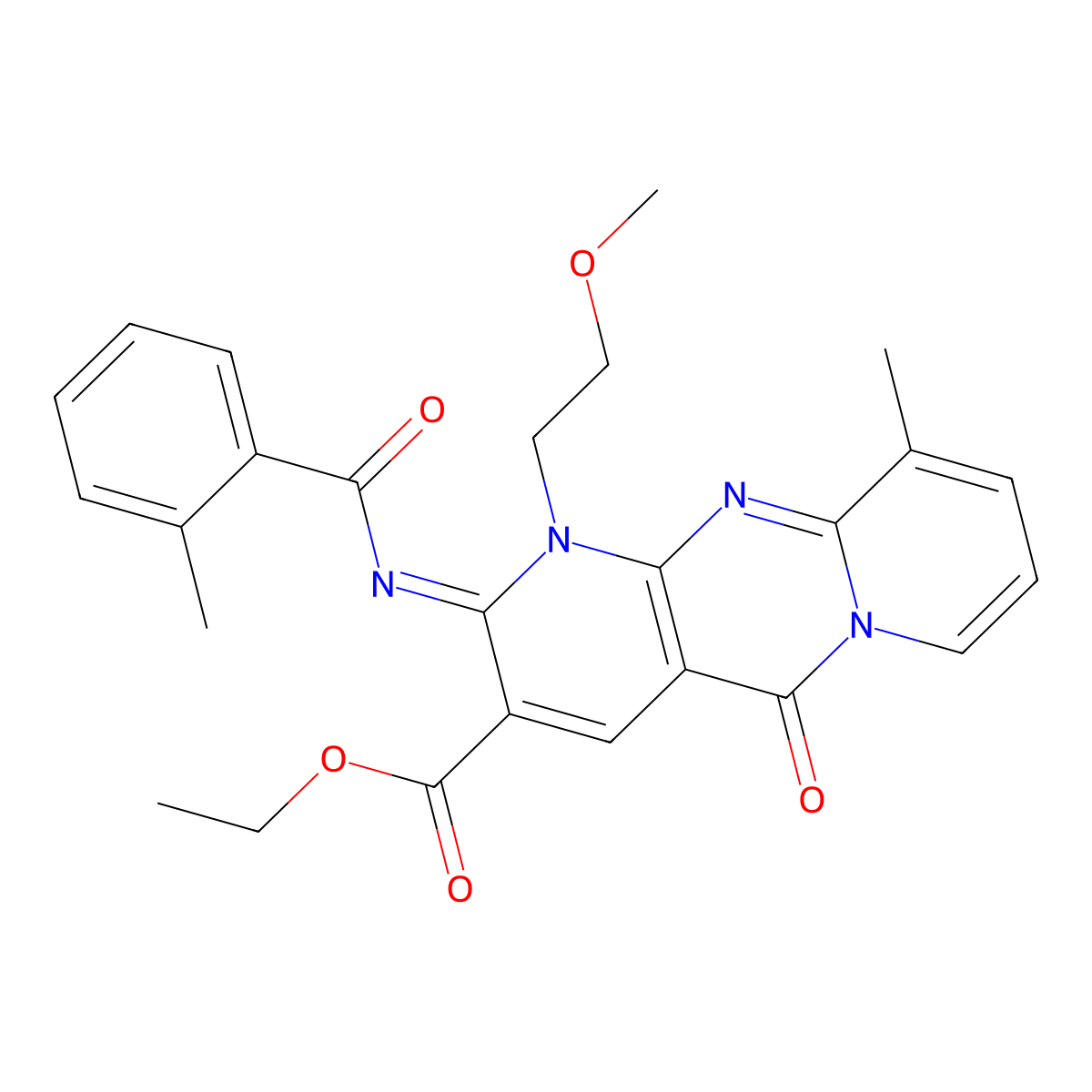 (Z)-ethyl 1-(2-methoxyethyl)-10-methyl-2-((2-methylbenzoyl)imino)-5-oxo-2,5-dihydro-1H-dipyrido[1,2-a:2',3'-d]pyrimidine-3-carboxylate molecular structure, CAS 845660-93-7