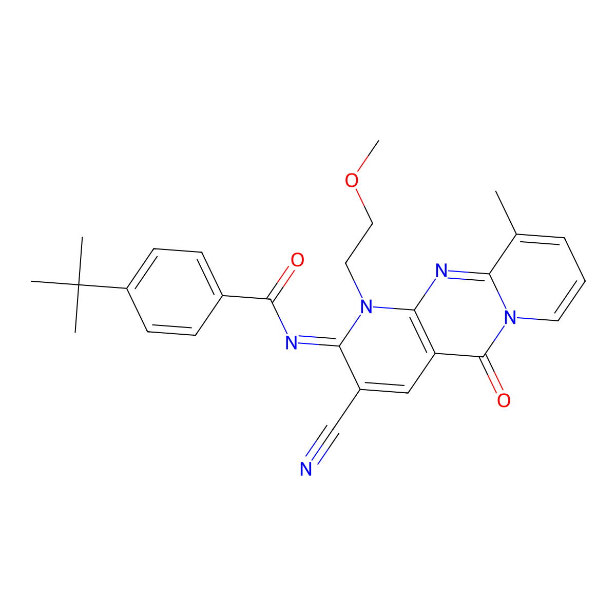 (E)-4-(tert-butyl)-N-(3-cyano-1-(2-methoxyethyl)-10-methyl-5-oxo-1H-dipyrido[1,2-a:2',3'-d]pyrimidin-2(5H)-ylidene)benzamide molecular structure, CAS 845661-64-5