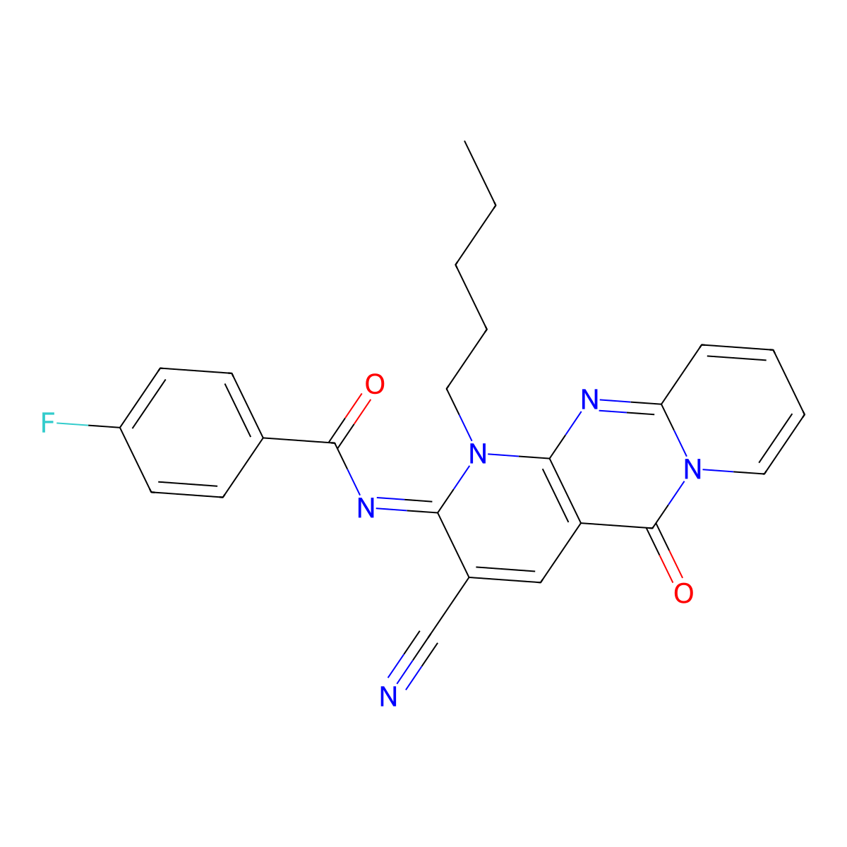 (E)-N-(3-cyano-5-oxo-1-pentyl-1H-dipyrido[1,2-a:2',3'-d]pyrimidin-2(5H)-ylidene)-4-fluorobenzamide molecular structure, CAS 845662-94-4