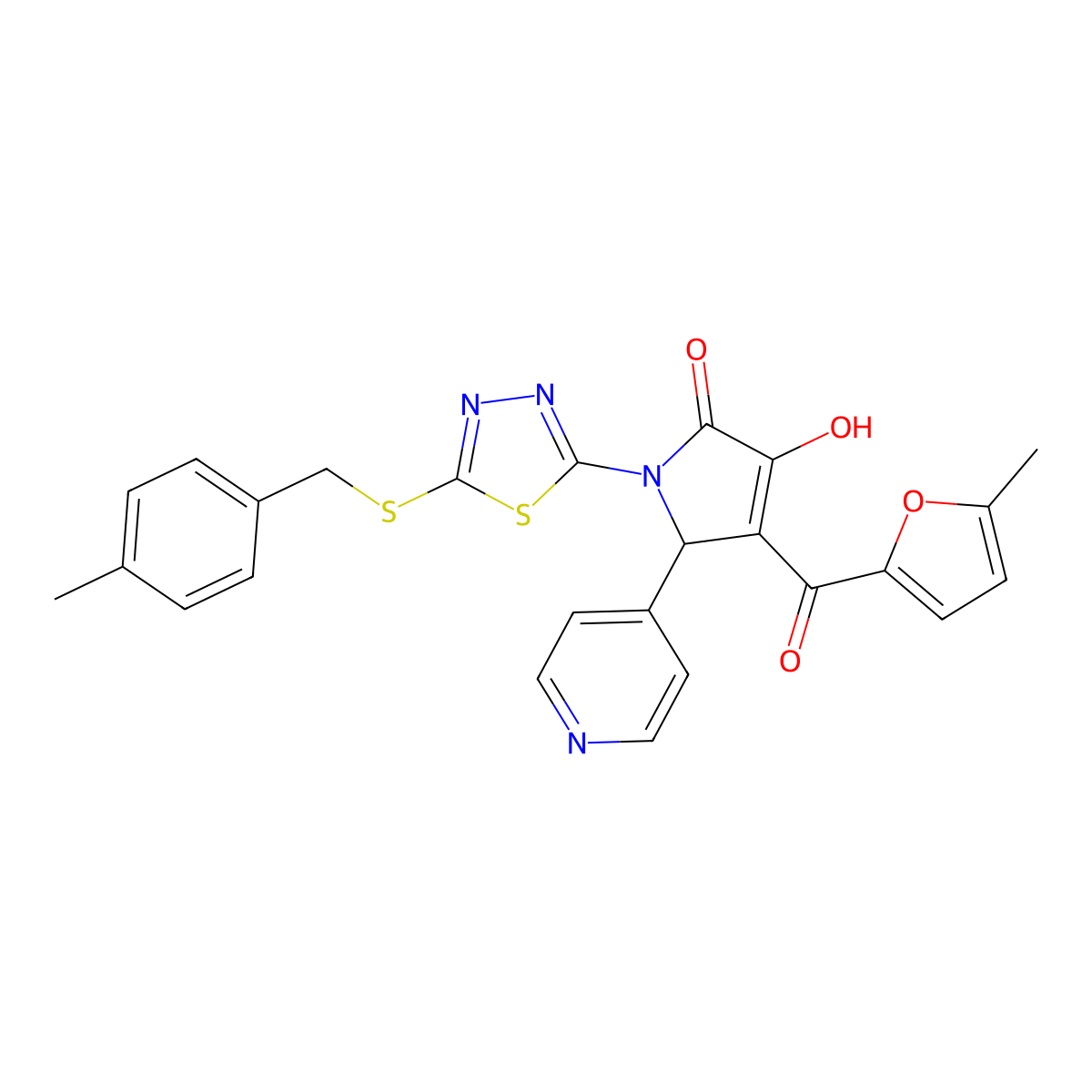 (4E)-4-[hydroxy(5-methylfuran-2-yl)methylidene]-1-{5-[(4-methylbenzyl)sulfanyl]-1,3,4-thiadiazol-2-yl}-5-(pyridin-4-yl)pyrrolidine-2,3-dione molecular structure, CAS 845662-97-7