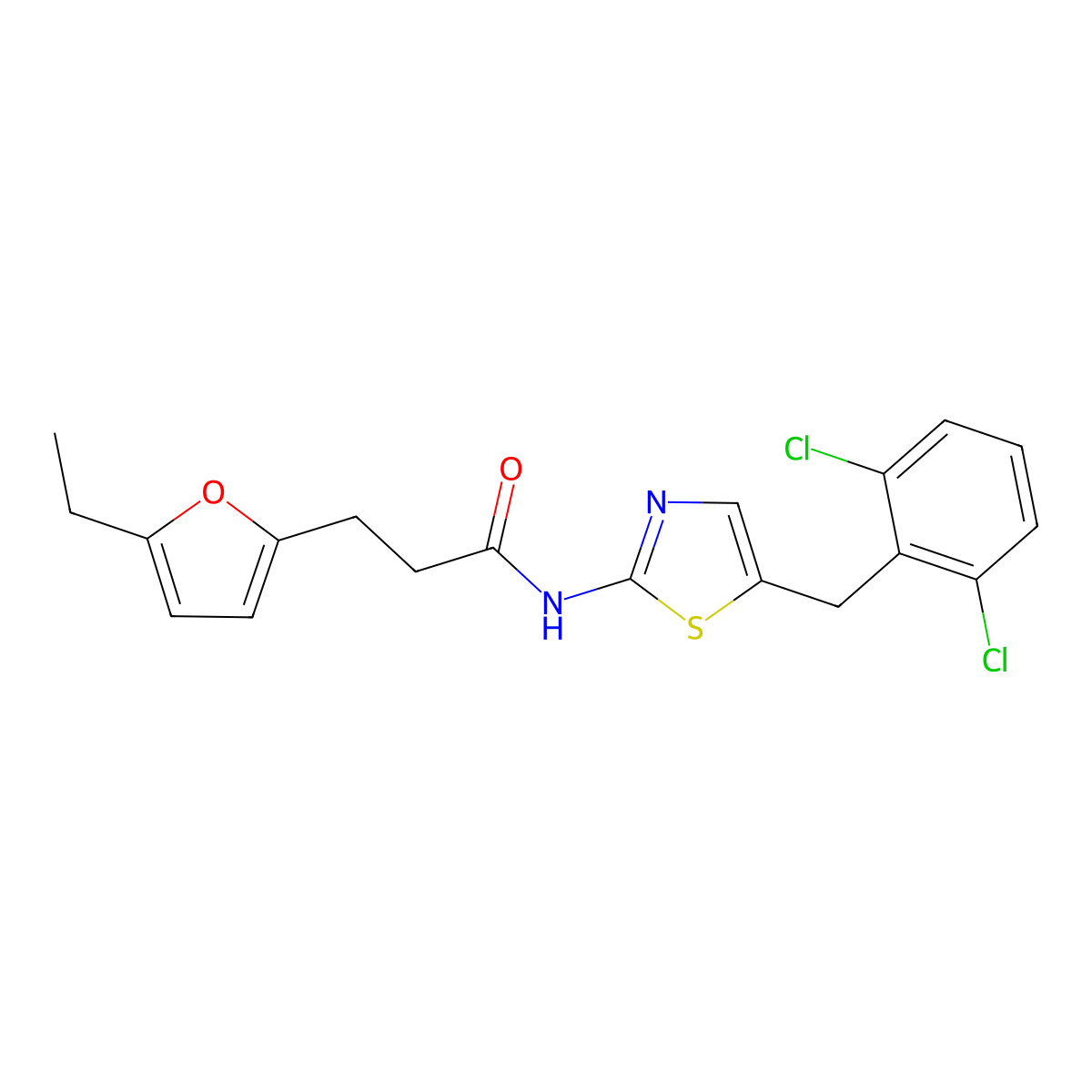 N-[5-(2,6-dichlorobenzyl)-1,3-thiazol-2-yl]-3-(5-ethylfuran-2-yl)propanamide molecular structure, CAS 845663-08-3