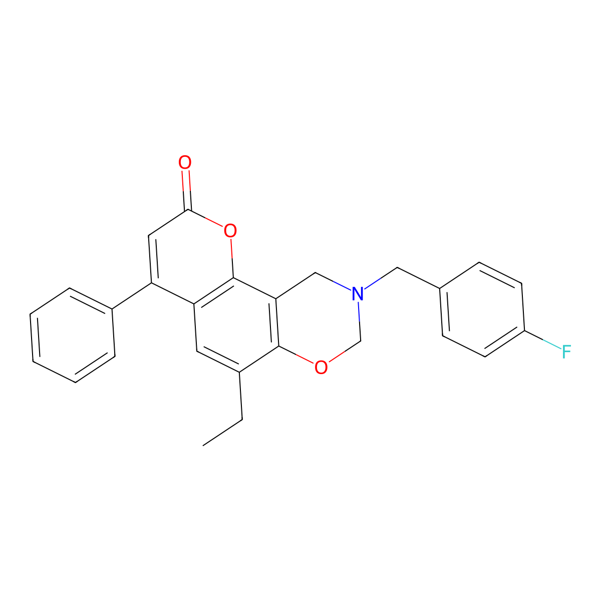 6-ethyl-9-(4-fluorobenzyl)-4-phenyl-9,10-dihydro-2H,8H-chromeno[8,7-e][1,3]oxazin-2-one molecular structure, CAS 845663-15-2