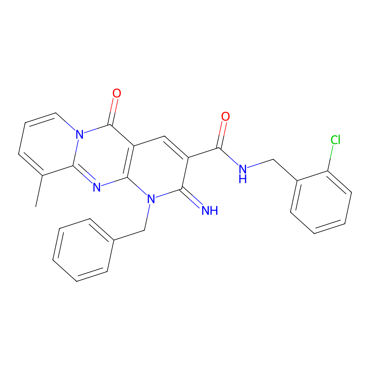 1-benzyl-N-(2-chlorobenzyl)-2-imino-10-methyl-5-oxo-1,5-dihydro-2H-dipyrido[1,2-a:2',3'-d]pyrimidine-3-carboxamide molecular structure, CAS 845663-42-5