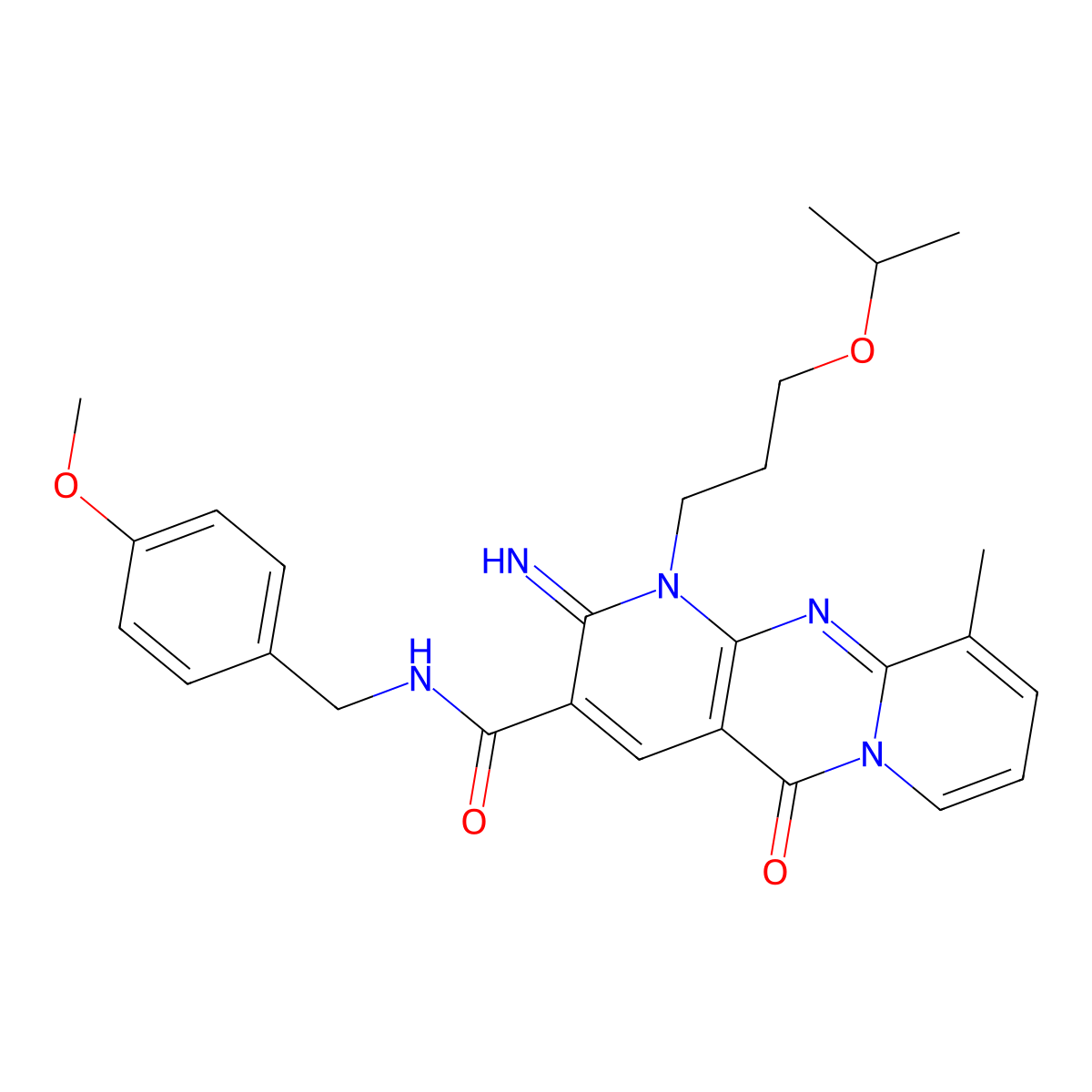 2-imino-1-(3-isopropoxypropyl)-N~3~-(4-methoxybenzyl)-10-methyl-5-oxo-1,5-dihydro-2H-dipyrido[1,2-a:2,3-d]pyrimidine-3-carboxamide molecular structure, CAS 845663-49-2