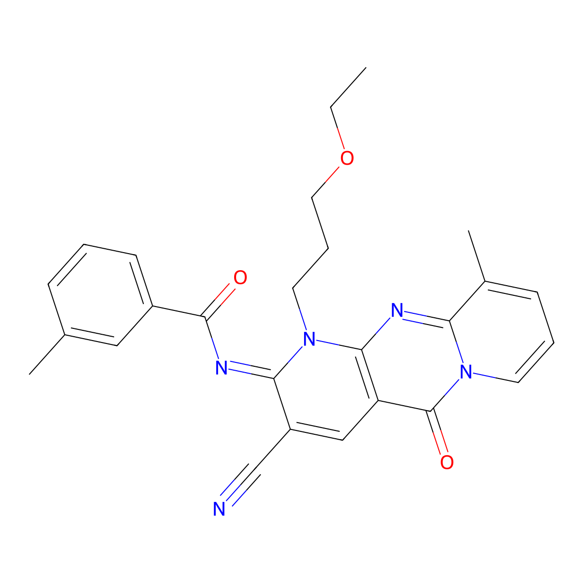 N-[3-cyano-1-(3-ethoxypropyl)-10-methyl-5-oxo-1,5-dihydro-2H-dipyrido[1,2-a:2,3-d]pyrimidin-2-ylidene]-3-methylbenzamide molecular structure, CAS 845663-74-3