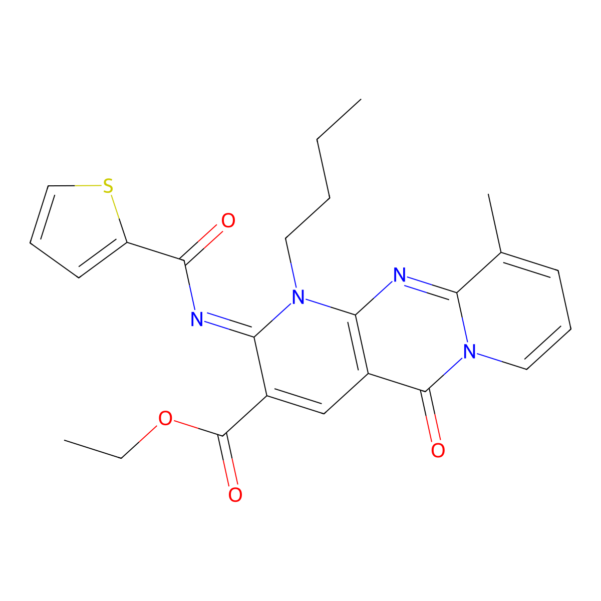 ethyl 1-butyl-10-methyl-5-oxo-2-[(2-thienylcarbonyl)imino]-1,5-dihydro-2H-dipyrido[1,2-a:2,3-d]pyrimidine-3-carboxylate molecular structure, CAS 845663-99-2