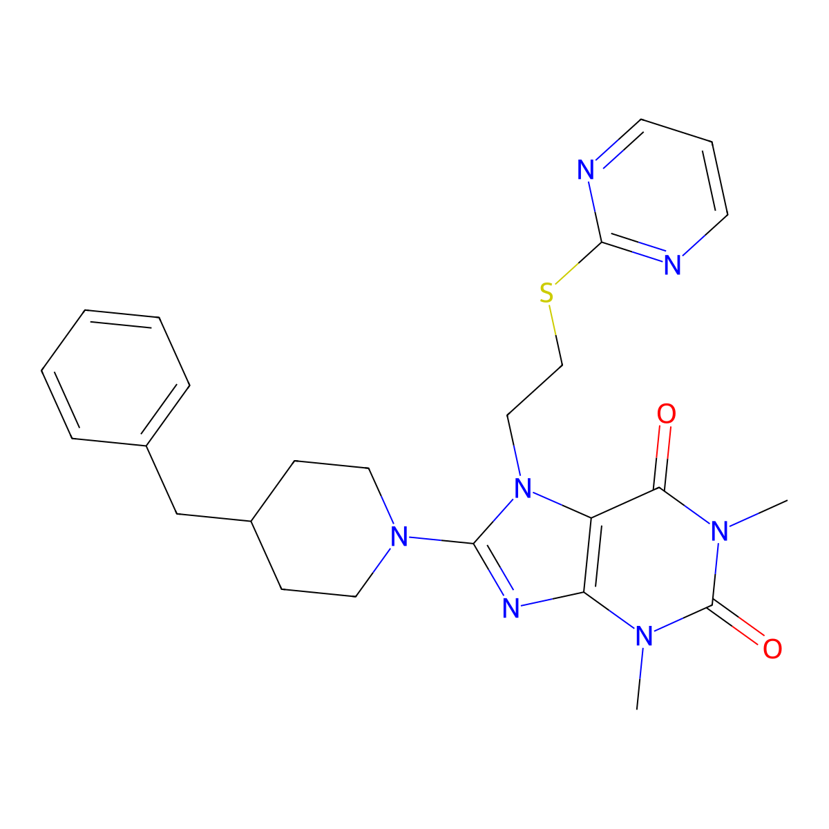 8-(4-benzylpiperidin-1-yl)-1,3-dimethyl-7-(2-(pyrimidin-2-ylthio)ethyl)-1H-purine-2,6(3H,7H)-dione molecular structure, CAS 845664-34-8
