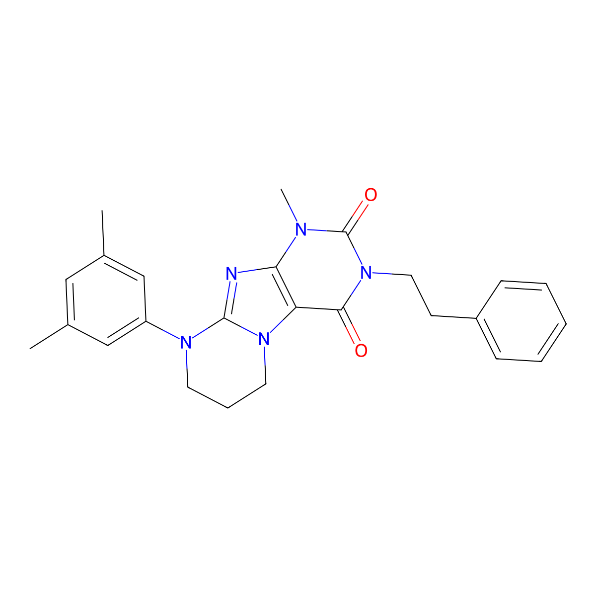 9-(3,5-dimethylphenyl)-1-methyl-3-phenethyl-6,7,8,9-tetrahydropyrimido[2,1-f]purine-2,4(1H,3H)-dione molecular structure, CAS 845664-35-9