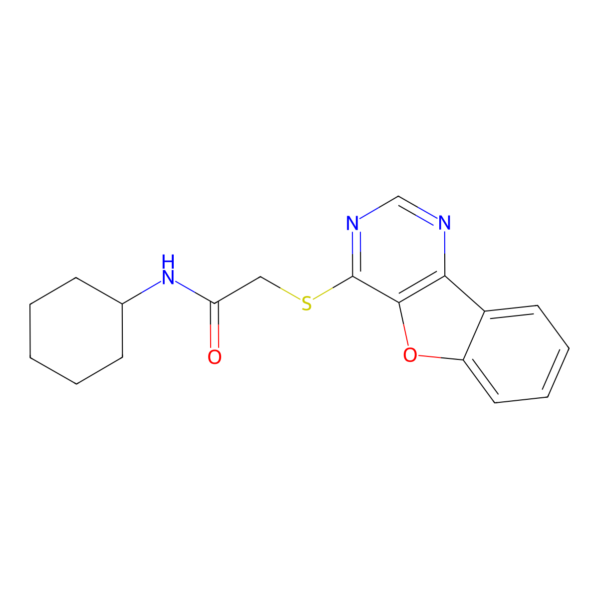2-([1]benzofuro[3,2-d]pyrimidin-4-ylsulfanyl)-N-cyclohexylacetamide molecular structure, CAS 845664-53-1