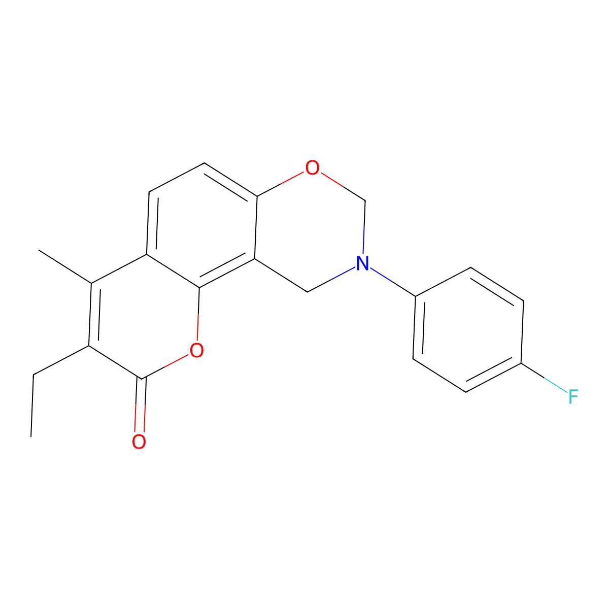 3-ethyl-9-(4-fluorophenyl)-4-methyl-9,10-dihydro-2H,8H-chromeno[8,7-e][1,3]oxazin-2-one molecular structure, CAS 845665-72-7