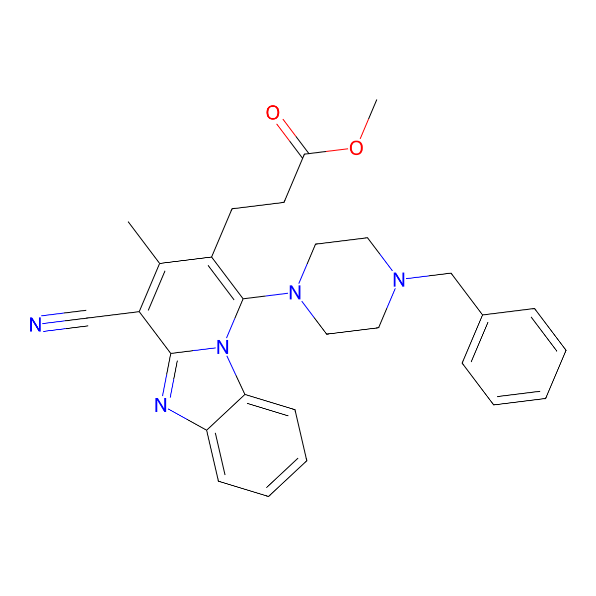 Methyl 3-[1-(4-benzylpiperazin-1-yl)-4-cyano-3-methylpyrido[1,2-a]benzimidazol-2-yl]propanoate molecular structure, CAS 845665-75-0