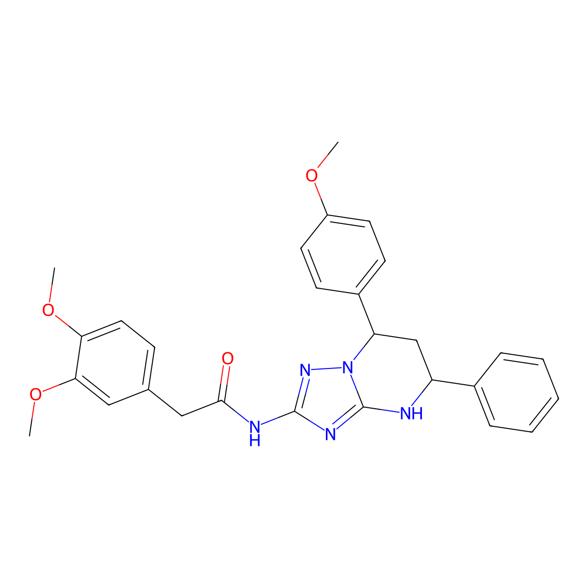 2-(3,4-dimethoxyphenyl)-N-[7-(4-methoxyphenyl)-5-phenyl-4,5,6,7-tetrahydro[1,2,4]triazolo[1,5-a]pyrimidin-2-yl]acetamide molecular structure, CAS 845665-90-9