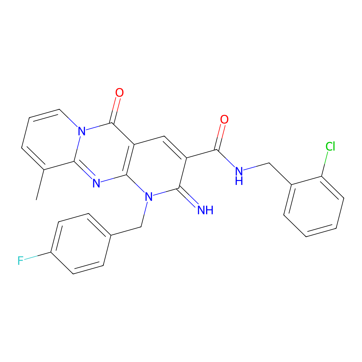 N-(2-chlorobenzyl)-1-(4-fluorobenzyl)-2-imino-10-methyl-5-oxo-1,5-dihydro-2H-dipyrido[1,2-a:2',3'-d]pyrimidine-3-carboxamide molecular structure, CAS 845666-12-8