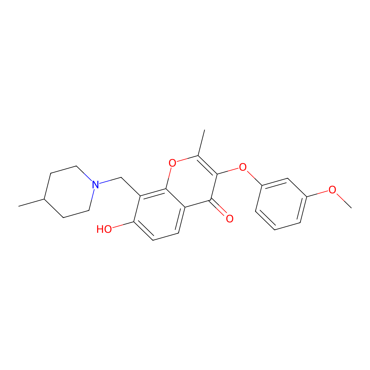 7-hydroxy-3-(3-methoxyphenoxy)-2-methyl-8-[(4-methylpiperidin-1-yl)methyl]-4H-chromen-4-one molecular structure, CAS 845666-55-9