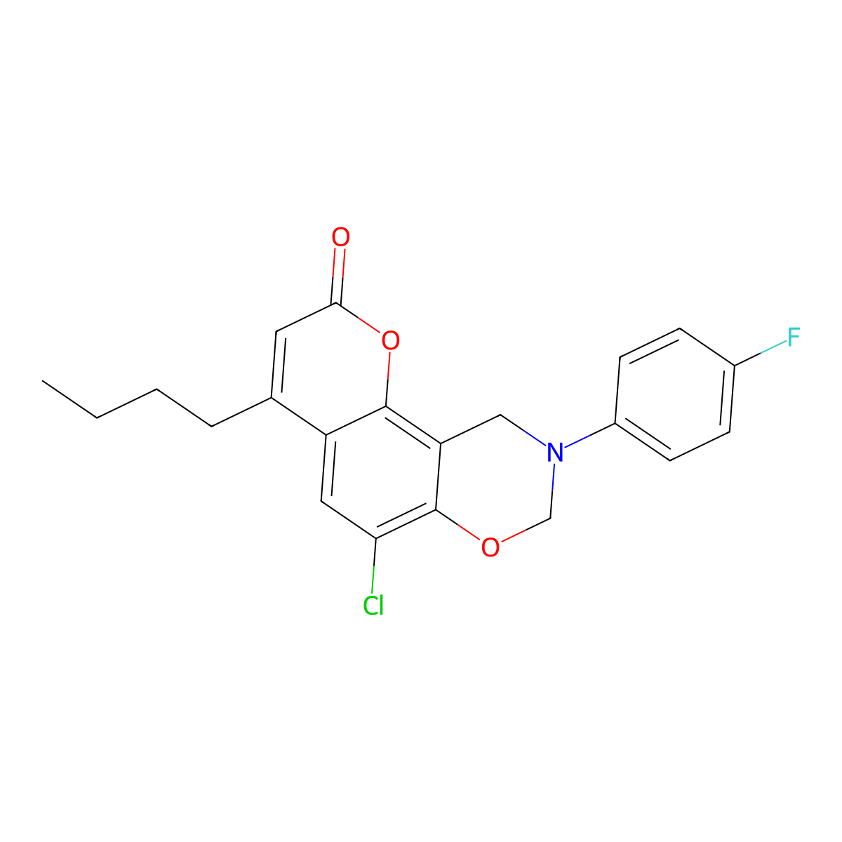 4-butyl-6-chloro-9-(4-fluorophenyl)-9,10-dihydro-2H,8H-chromeno[8,7-e][1,3]oxazin-2-one molecular structure, CAS 845667-92-7