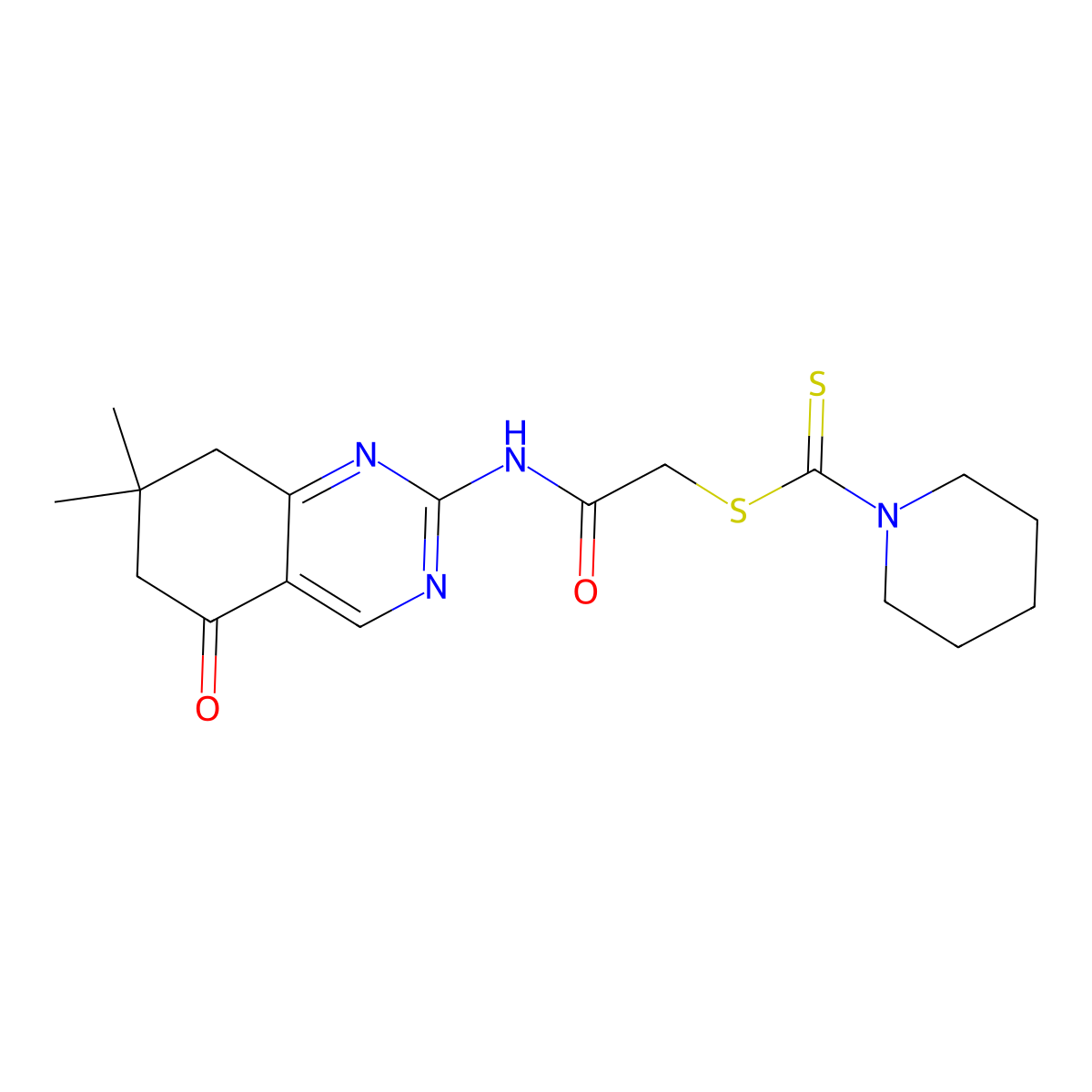 2-[(7,7-Dimethyl-5-oxo-5,6,7,8-tetrahydroquinazolin-2-yl)amino]-2-oxoethyl piperidine-1-carbodithioate molecular structure, CAS 845668-88-4