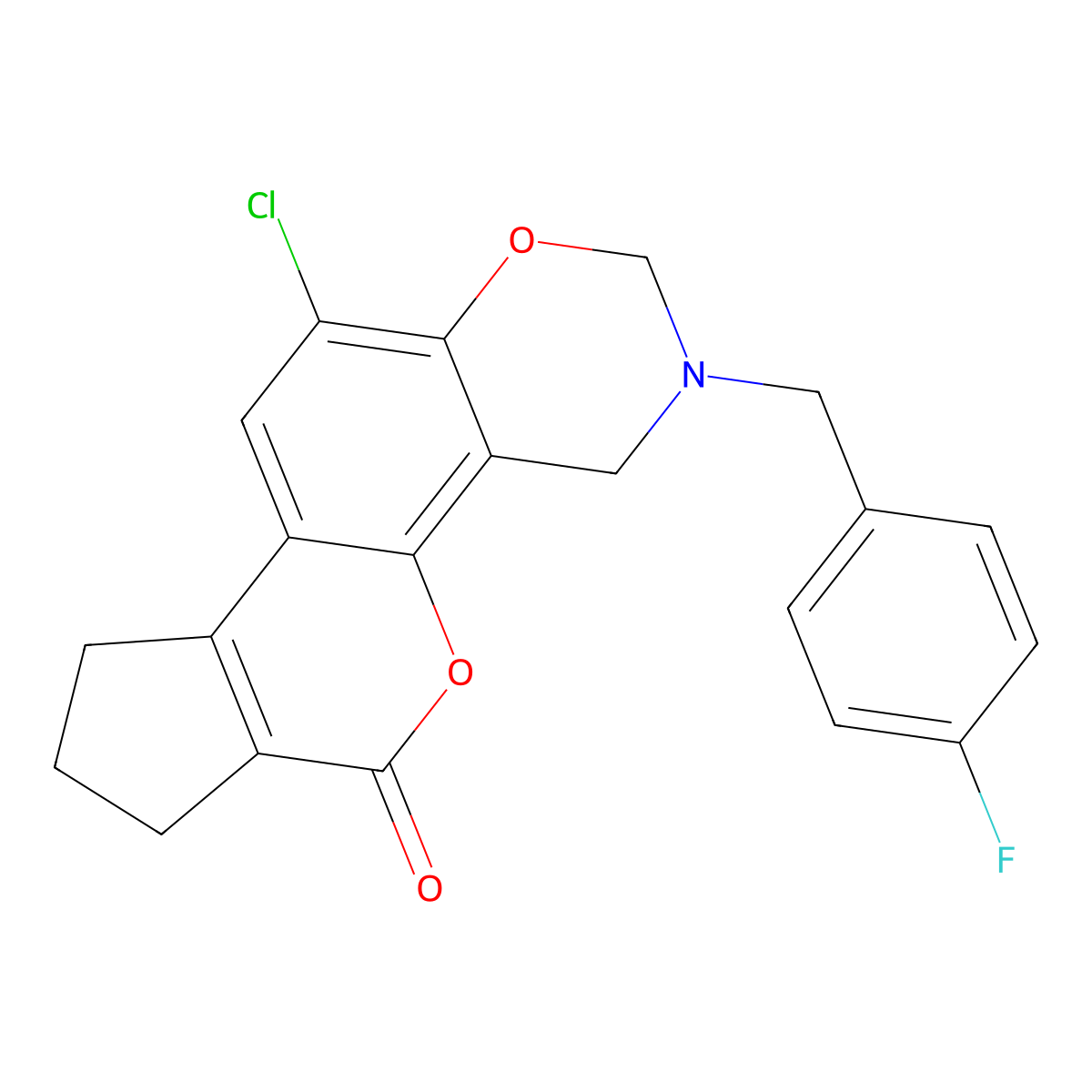 11-chloro-3-(4-fluorobenzyl)-3,4,8,9-tetrahydro-2H-cyclopenta[3,4]chromeno[8,7-e][1,3]oxazin-6(7H)-one molecular structure, CAS 845670-18-0