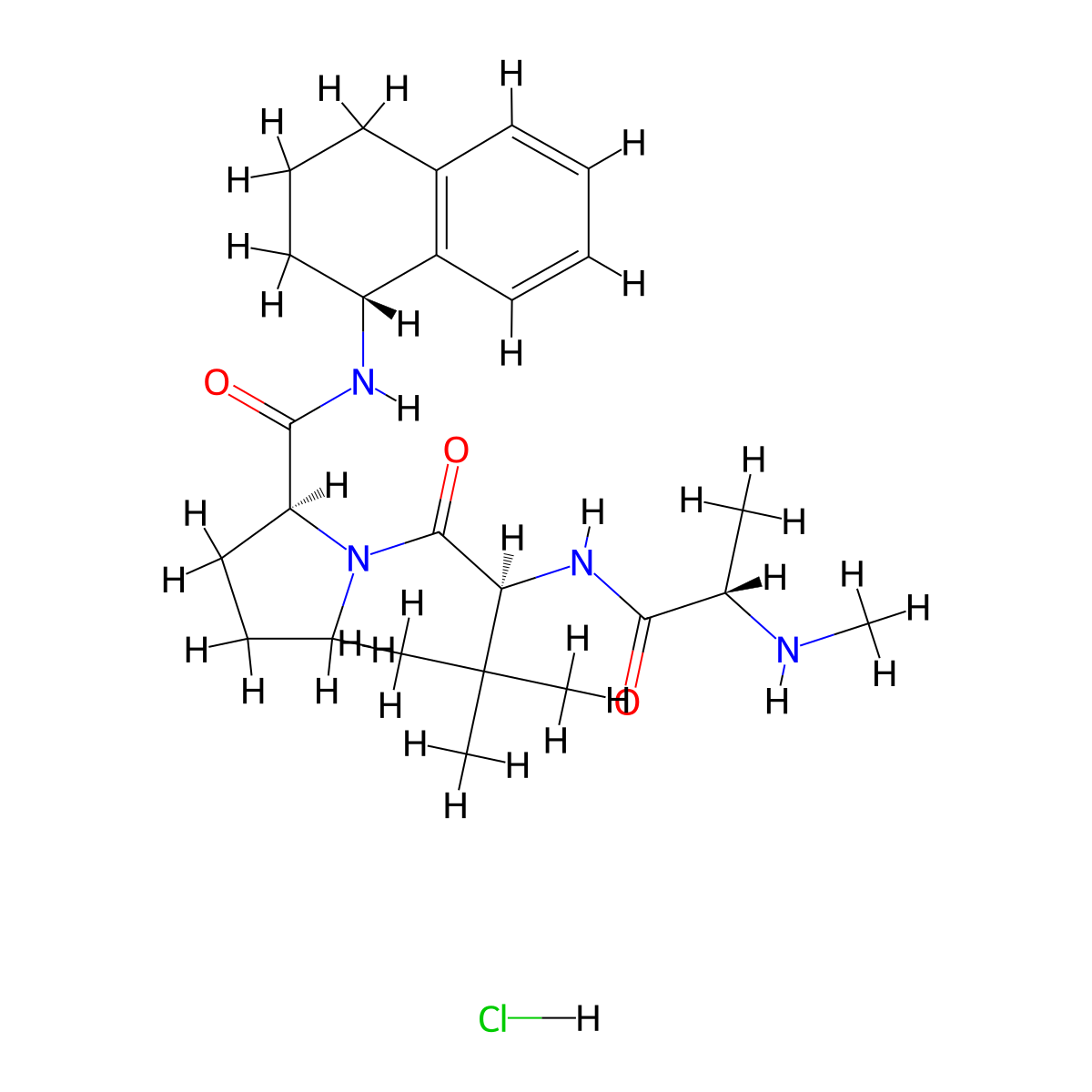 (S)-1-((S)-3,3-Dimethyl-2-((S)-2-(methylamino)propanamido)butanoyl)-N-((R)-1,2,3,4-tetrahydronaphthalen-1-yl)pyrrolidine-2-carboxamide hydrochloride molecular structure, CAS 845745-37-1