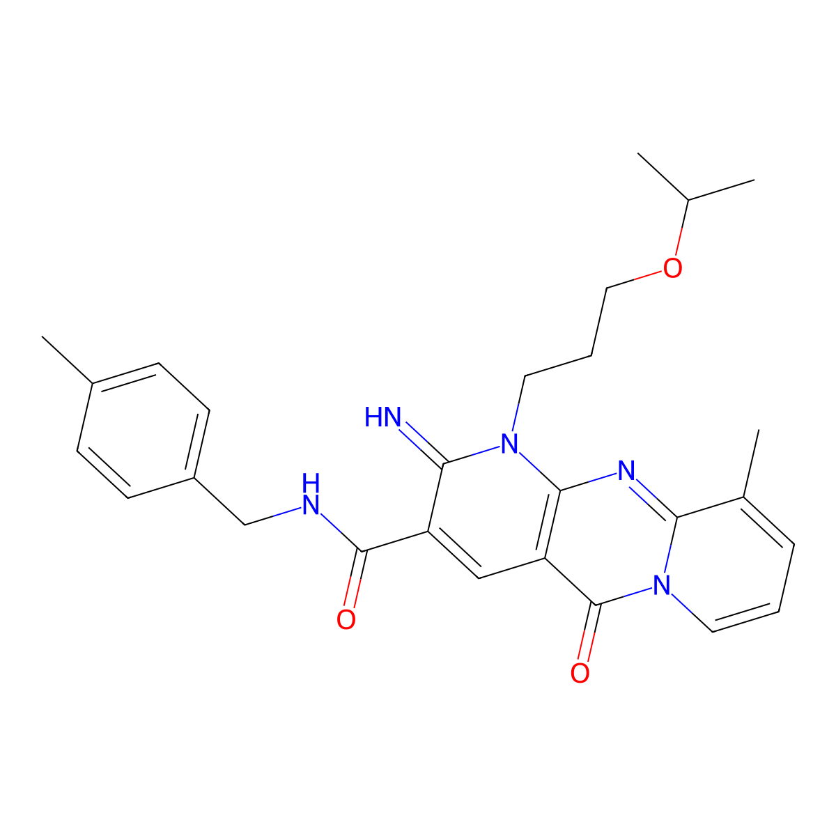 2-imino-1-(3-isopropoxypropyl)-10-methyl-N~3~-(4-methylbenzyl)-5-oxo-1,5-dihydro-2H-dipyrido[1,2-a:2,3-d]pyrimidine-3-carboxamide molecular structure, CAS 845800-19-3