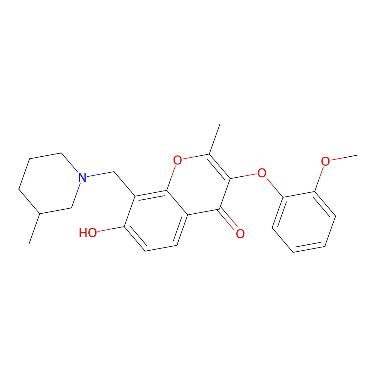 7-hydroxy-3-(2-methoxyphenoxy)-2-methyl-8-((3-methylpiperidin-1-yl)methyl)-4H-chromen-4-one molecular structure, CAS 845801-18-5