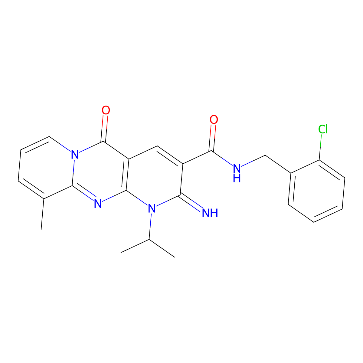 N-[(2-Chlorophenyl)methyl]-6-imino-11-methyl-2-oxo-7-propan-2-yl-1,7,9-triazatricyclo[8.4.0.03,8]tetradeca-3(8),4,9,11,13-pentaene-5-carboxamide molecular structure, CAS 845801-39-0