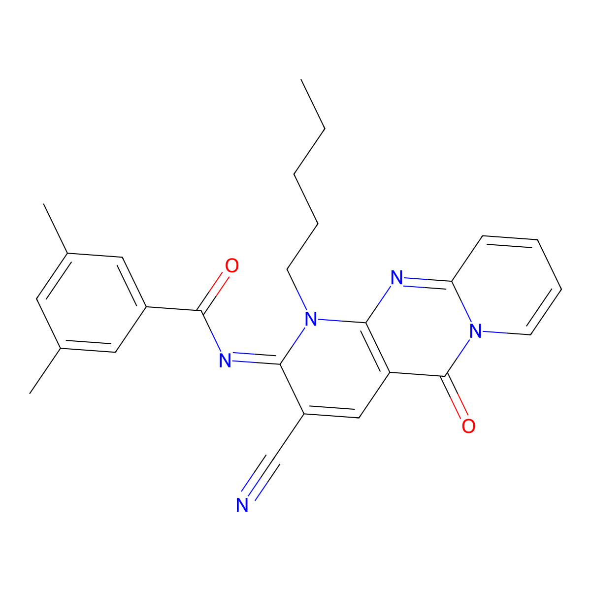 N-(3-cyano-5-oxo-1-pentyl-1,5-dihydro-2H-dipyrido[1,2-a:2,3-d]pyrimidin-2-ylidene)-3,5-dimethylbenzamide molecular structure, CAS 845801-51-6