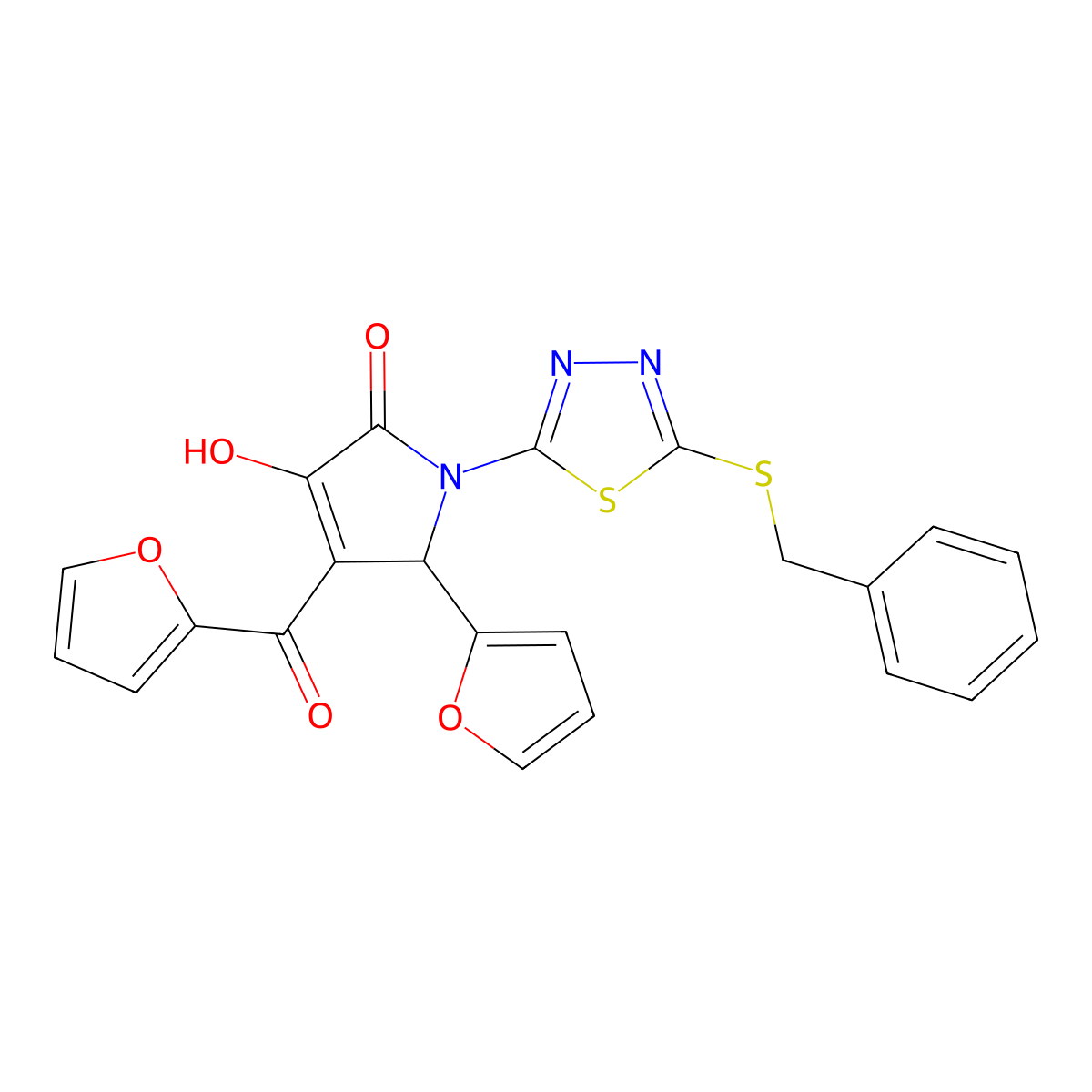 (4E)-1-[5-(benzylsulfanyl)-1,3,4-thiadiazol-2-yl]-5-(furan-2-yl)-4-[furan-2-yl(hydroxy)methylidene]pyrrolidine-2,3-dione molecular structure, CAS 845803-10-3