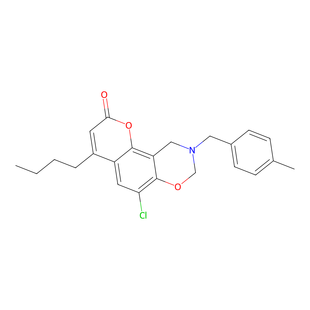 4-butyl-6-chloro-9-(4-methylbenzyl)-9,10-dihydro-2H,8H-chromeno[8,7-e][1,3]oxazin-2-one molecular structure, CAS 845803-63-6