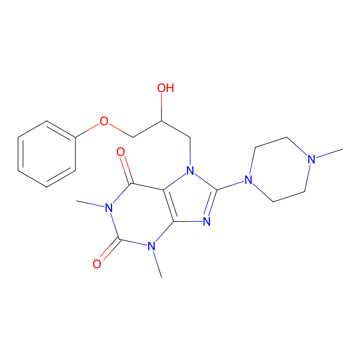 7-(2-hydroxy-3-phenoxypropyl)-1,3-dimethyl-8-(4-methylpiperazin-1-yl)-1H-purine-2,6(3H,7H)-dione molecular structure, CAS 845804-55-9