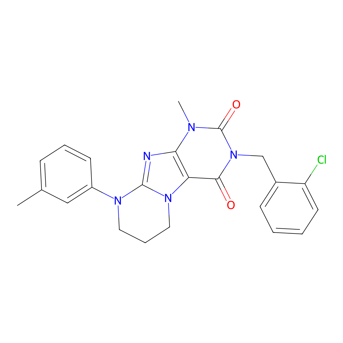 3-[(2-chlorophenyl)methyl]-1-methyl-9-(3-methylphenyl)-1H,2H,3H,4H,6H,7H,8H,9H-pyrimido[1,2-g]purine-2,4-dione molecular structure, CAS 845806-04-4