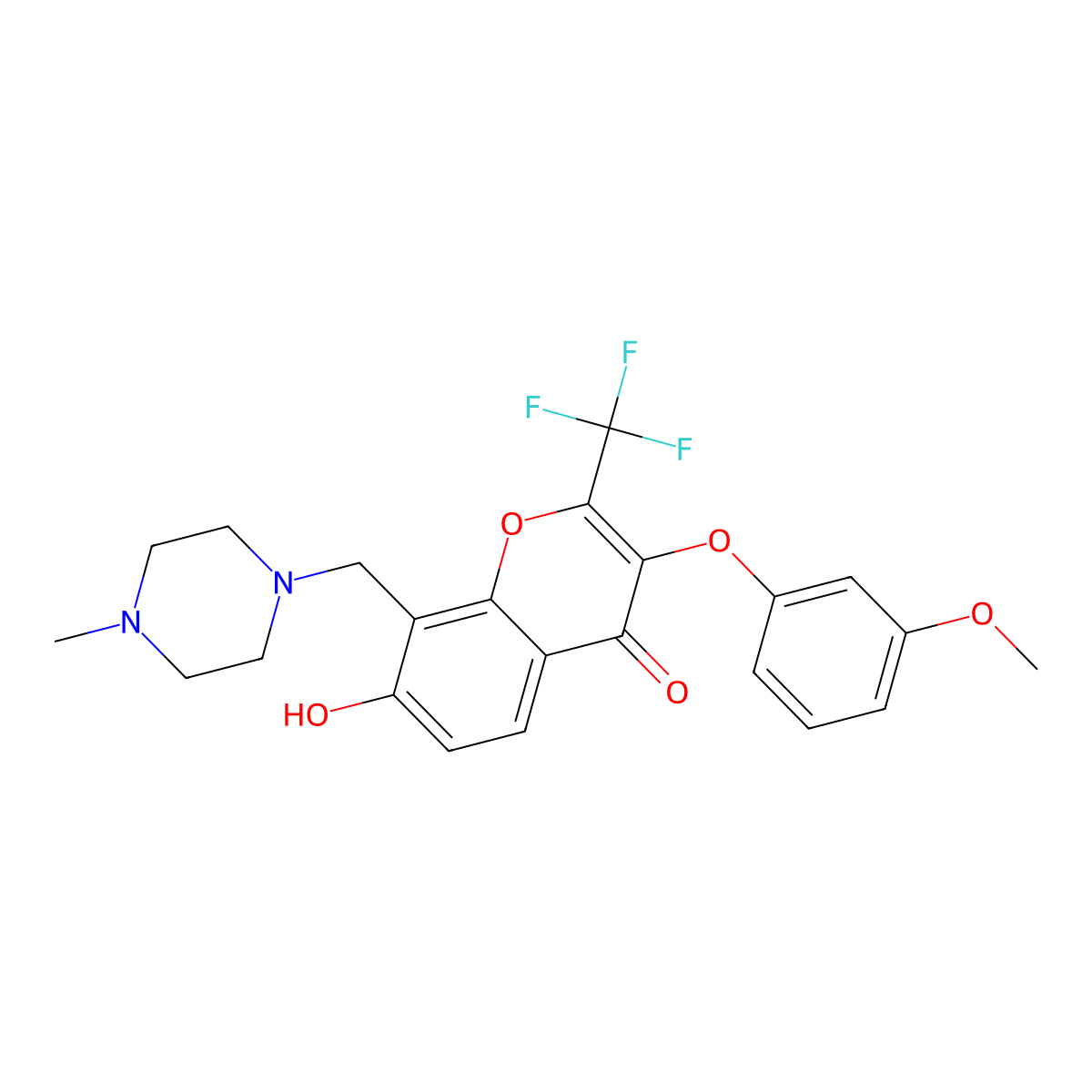 7-hydroxy-3-(3-methoxyphenoxy)-8-[(4-methylpiperazin-1-yl)methyl]-2-(trifluoromethyl)-4H-chromen-4-one molecular structure, CAS 845806-13-5