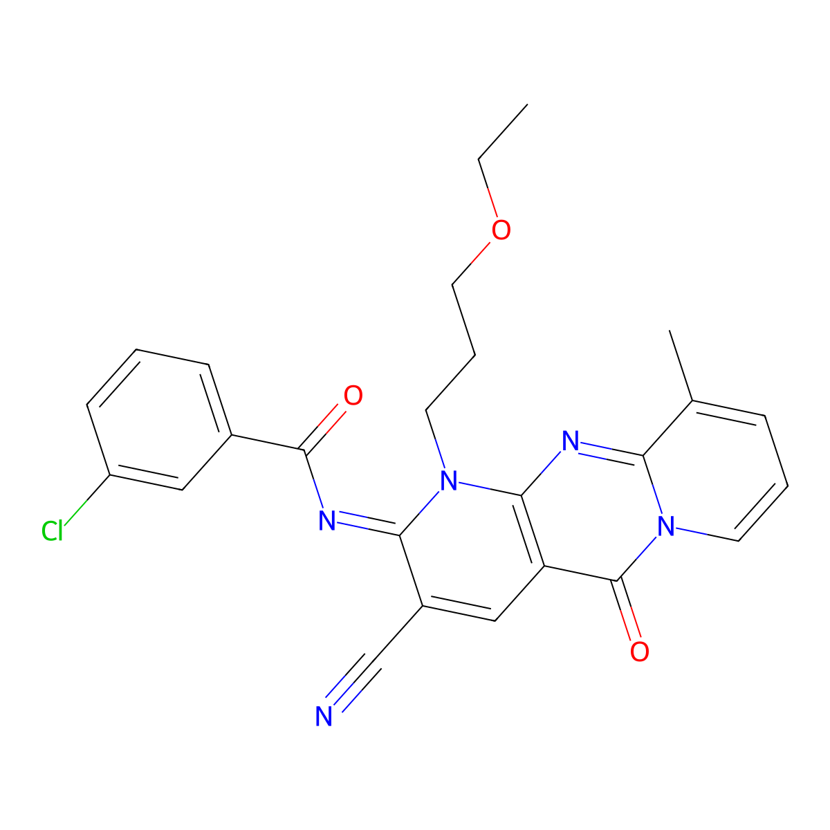 3-chloro-N-[3-cyano-1-(3-ethoxypropyl)-10-methyl-5-oxo-1,5-dihydro-2H-dipyrido[1,2-a:2,3-d]pyrimidin-2-ylidene]benzamide molecular structure, CAS 845806-14-6