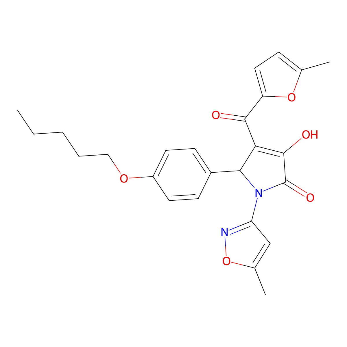 (4E)-4-[hydroxy(5-methylfuran-2-yl)methylidene]-1-(5-methyl-1,2-oxazol-3-yl)-5-[4-(pentyloxy)phenyl]pyrrolidine-2,3-dione molecular structure, CAS 845806-33-9