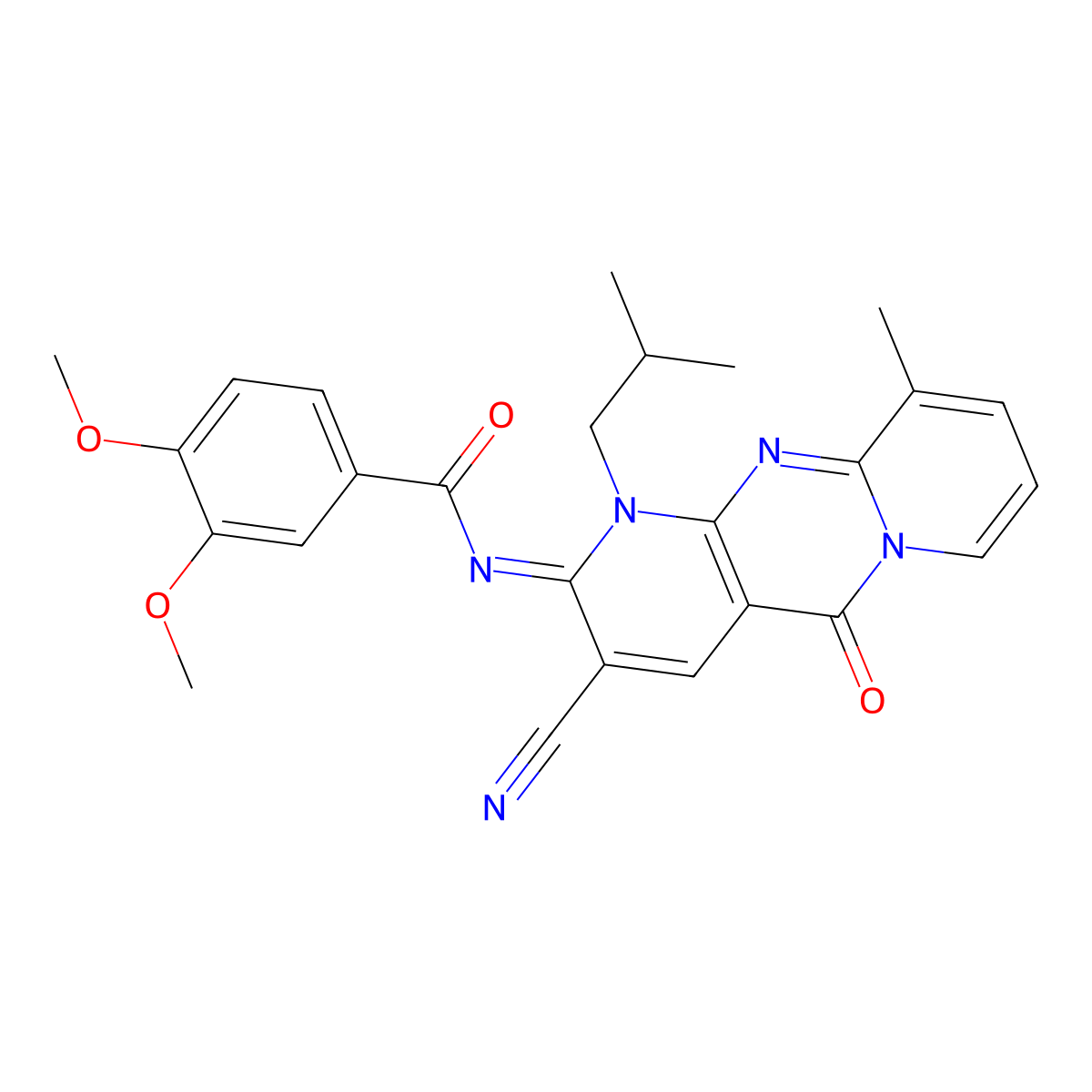 N-(3-cyano-1-isobutyl-10-methyl-5-oxo-1,5-dihydro-2H-dipyrido[1,2-a:2,3-d]pyrimidin-2-ylidene)-3,4-dimethoxybenzamide molecular structure, CAS 845807-54-7