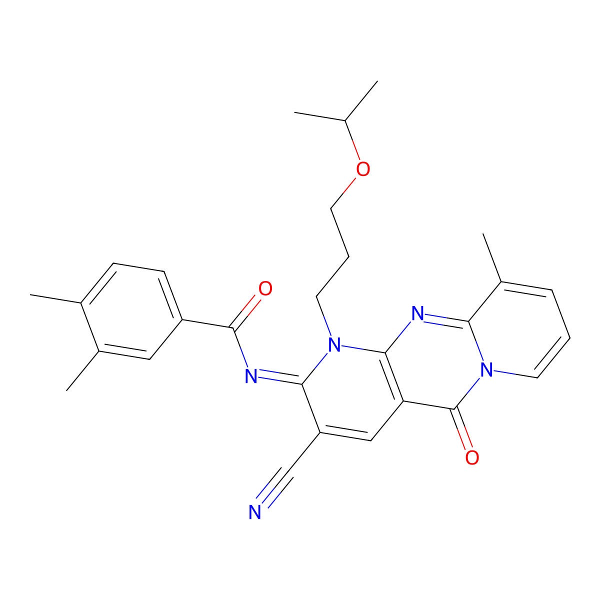 (E)-N-(3-cyano-1-(3-isopropoxypropyl)-10-methyl-5-oxo-1H-dipyrido[1,2-a:2',3'-d]pyrimidin-2(5H)-ylidene)-3,4-dimethylbenzamide molecular structure, CAS 845807-85-4
