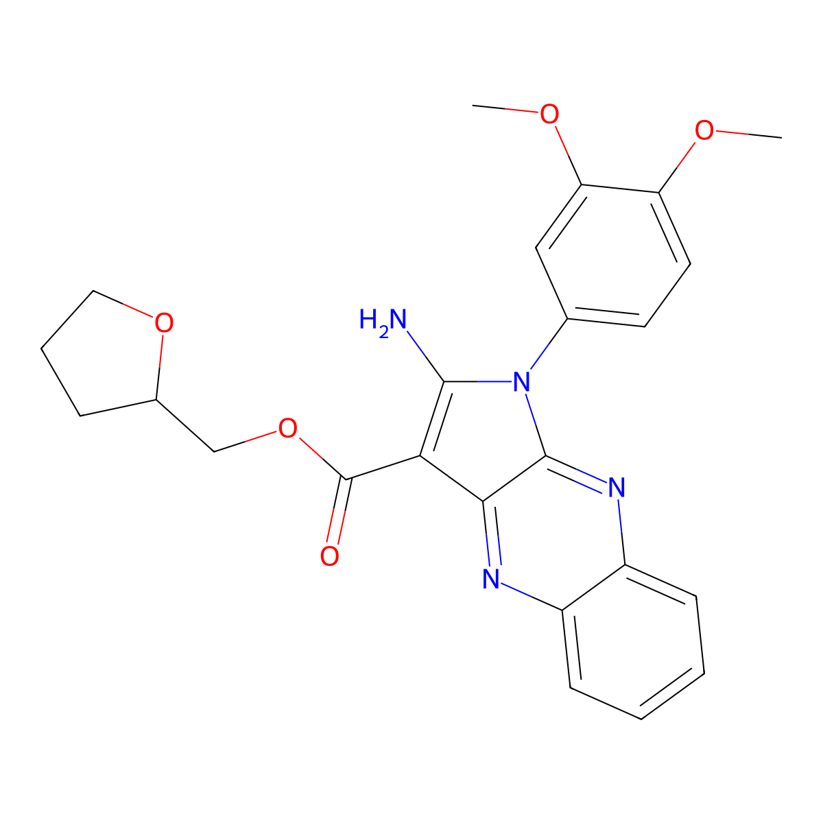 (tetrahydrofuran-2-yl)methyl 2-amino-1-(3,4-dimethoxyphenyl)-1H-pyrrolo[2,3-b]quinoxaline-3-carboxylate molecular structure, CAS 845807-89-8